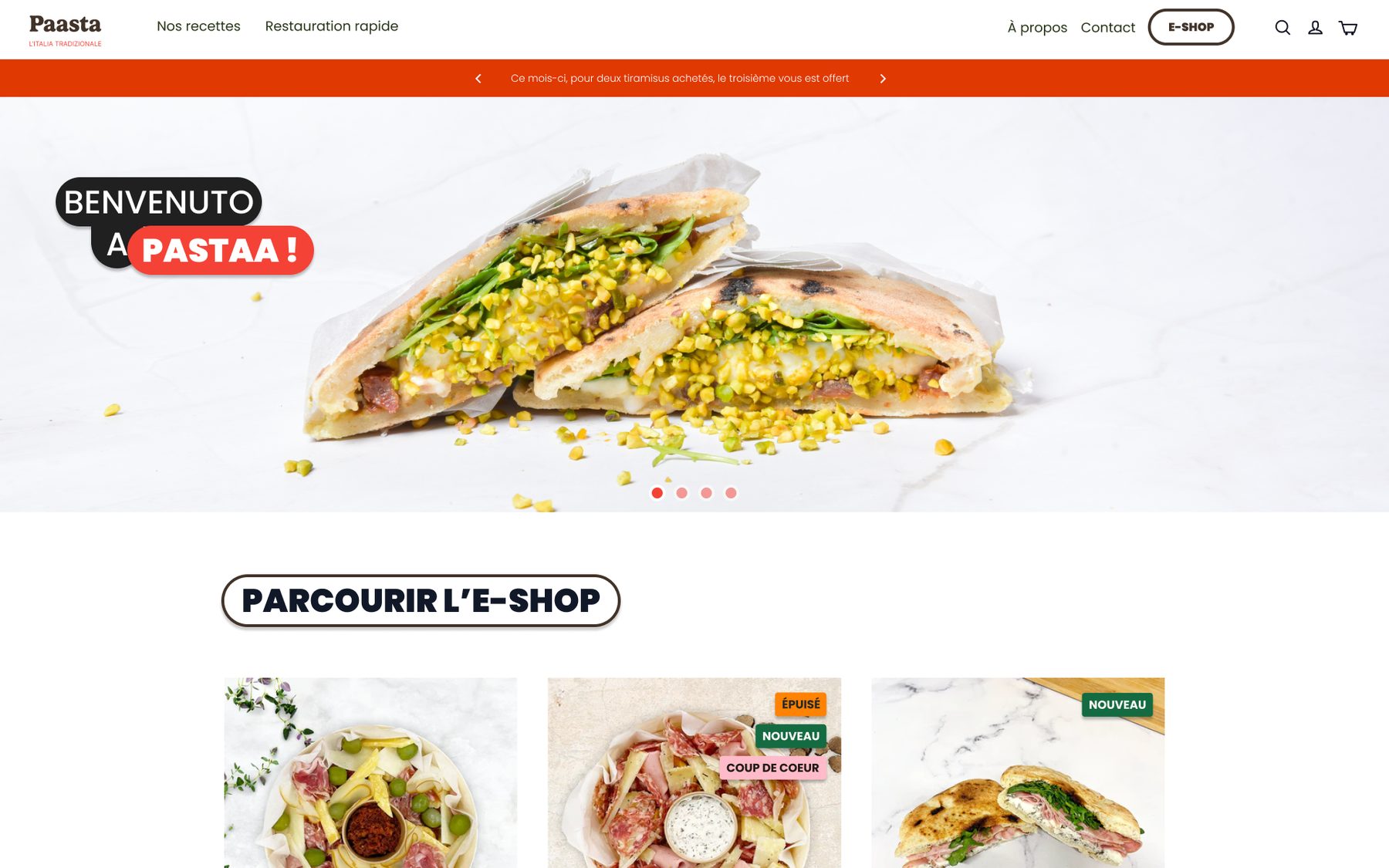 Paasta : nouvelle page d'accueil avec le visuel d'un sandwich italien et l'accès à l'e-shop